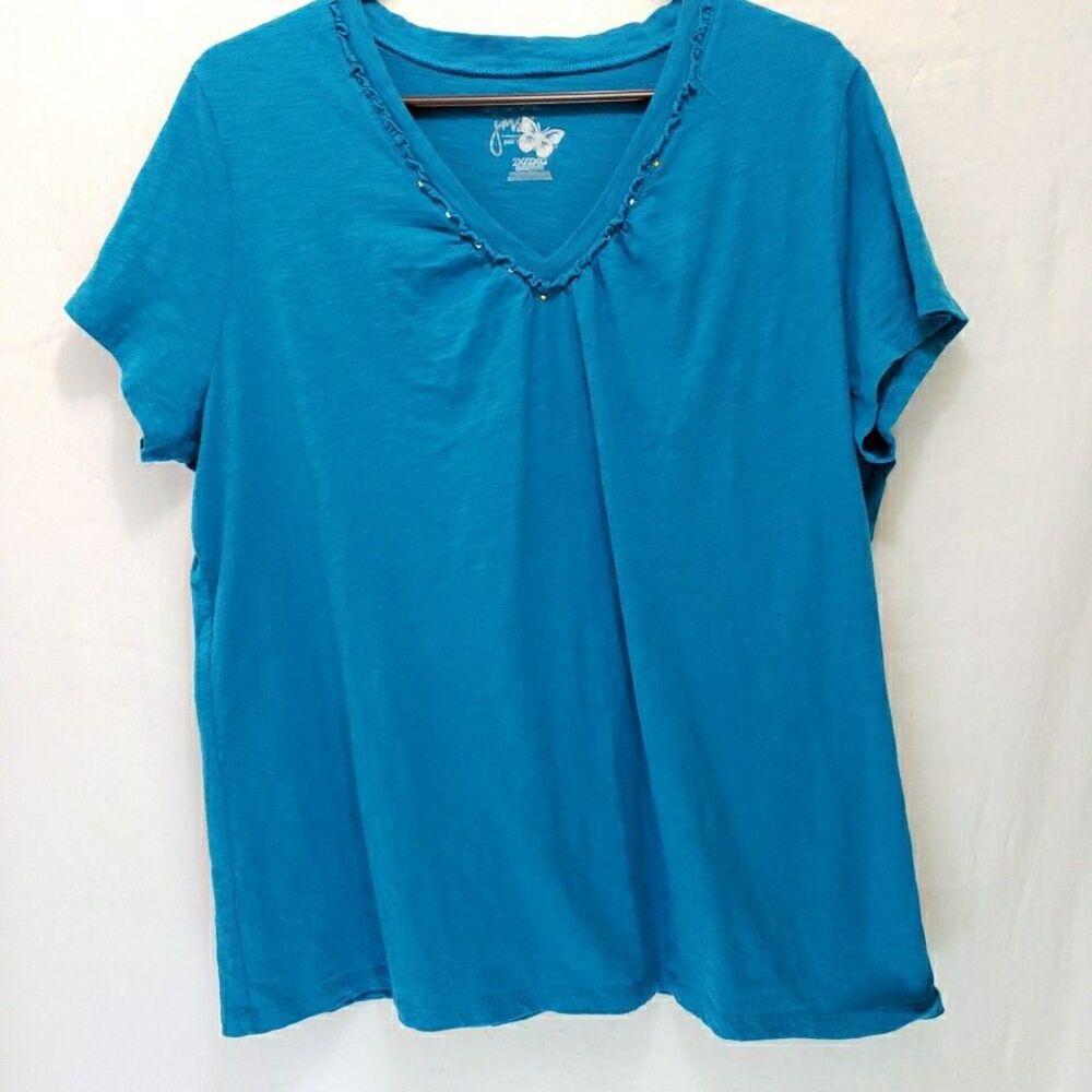 JMS Just My Size 2X 18W/20W Turquoise Teal V-Neck Beaded Slub Knit Tee Shirt